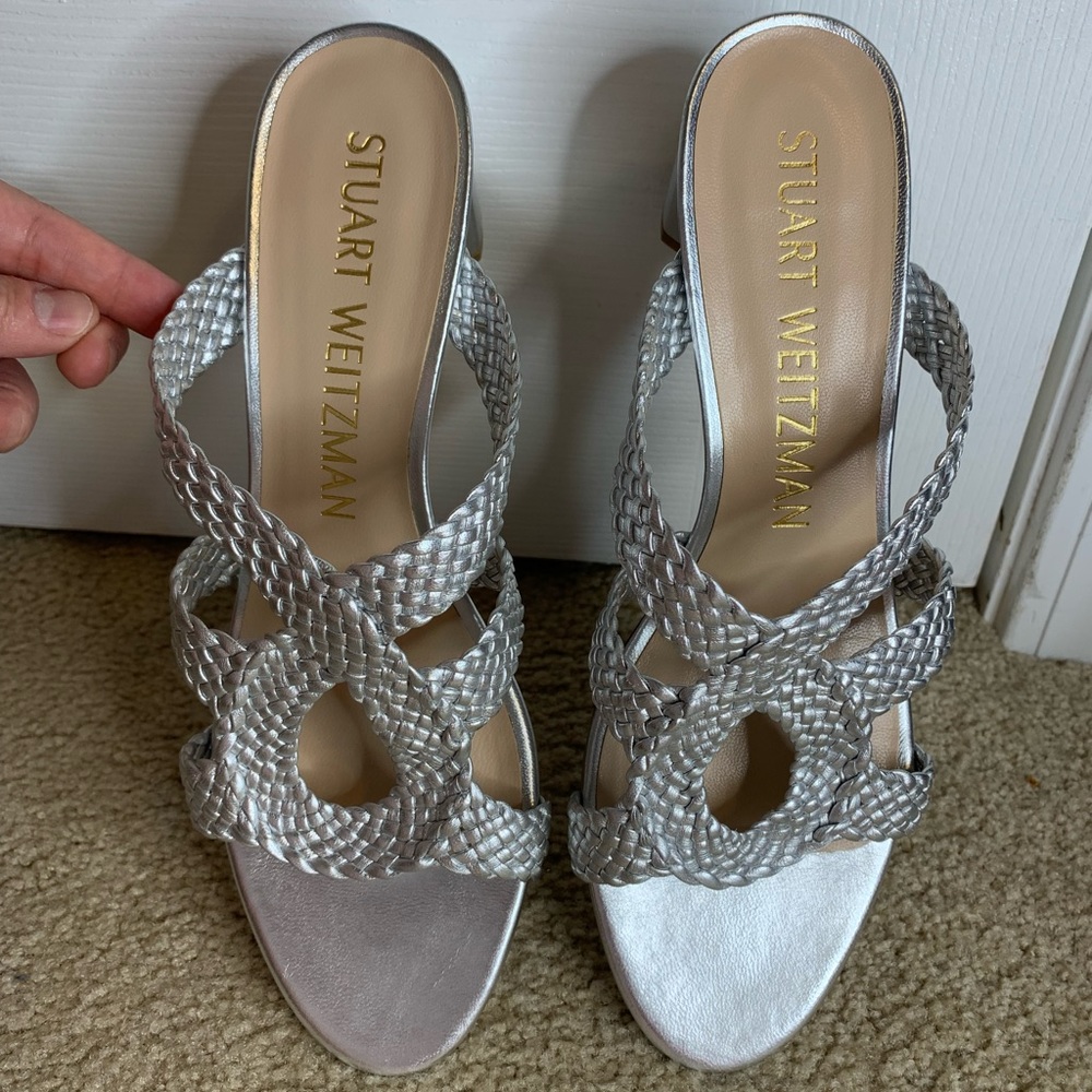 Stuart Weitzman Sarita 50 Metallic Braided Heeled Sandals